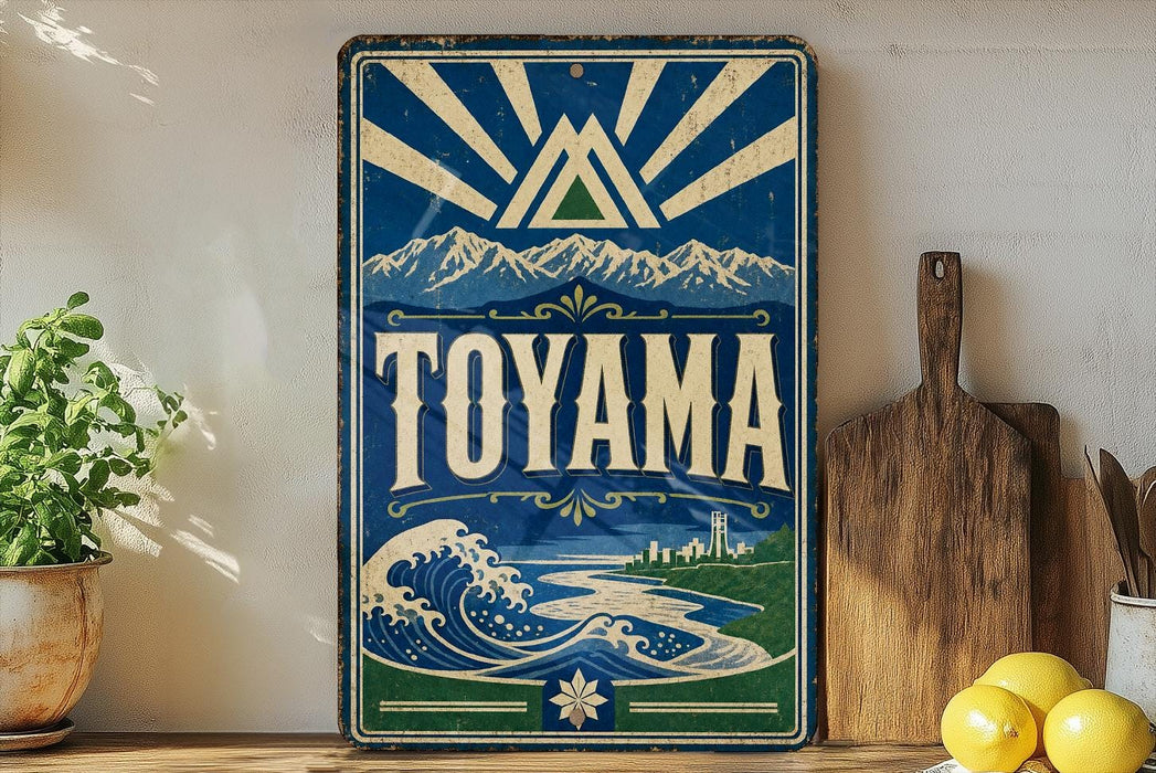 A vintage-style sign for Toyama, featuring a mountain landscape and a wave, is displayed on a shelf next to a wooden cutting board and some lemons.