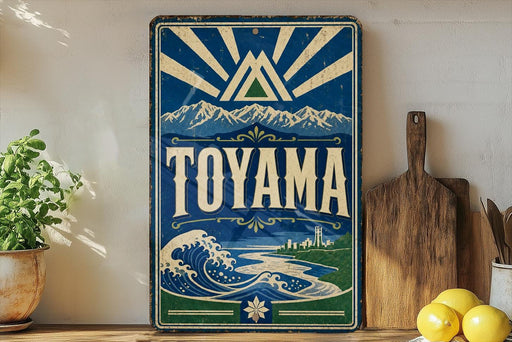 A vintage-style sign for Toyama, featuring a mountain landscape and a wave, is displayed on a shelf next to a wooden cutting board and some lemons.