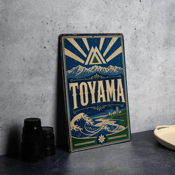 A vintage-style sign for Toyama, featuring a mountain landscape and a wave, is displayed on a table next to some black camera lenses.