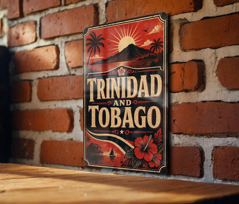 A vintage-style sign with the text "TRINIDAD AND TOBAGO" displayed on a brick wall.