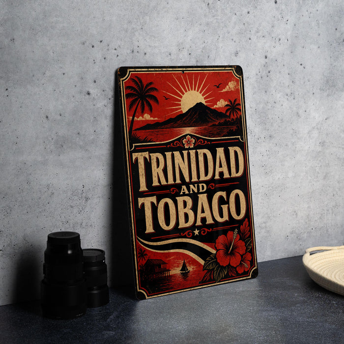 A vintage-style sign with the text "TRINIDAD AND TOBAGO" is displayed on a gray countertop, accompanied by a stack of black camera lenses and a white dish.