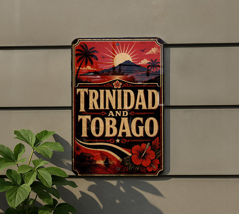 A decorative sign with the text "TRINIDAD AND TOBAGO" against a tropical background, featuring palm trees, a sunset, and a hibiscus flower.