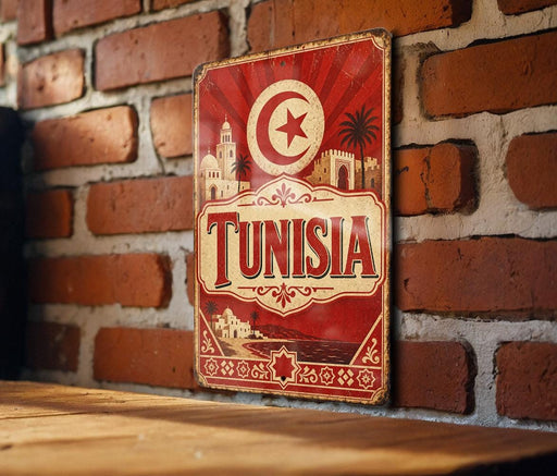 A vintage-style metal sign with the word "TUNISIA" prominently displayed, featuring a red and white color scheme with a crescent moon and star symbol. The sign is mounted on a brick wall, and there is a wooden table in the foreground.