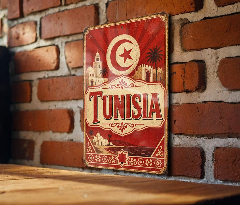 A vintage-style metal sign with the word "TUNISIA" prominently displayed, featuring a red and white color scheme with a crescent moon and star symbol. The sign is mounted on a brick wall, and there is a wooden table in the foreground.