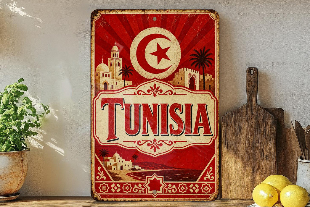 A vintage-style metal sign with the word "TUNISIA" prominently displayed, featuring a red and white color scheme with a crescent moon and star symbol. The sign is placed on a wooden surface, with a potted plant, a wooden cutting board, and some lemons nearby.