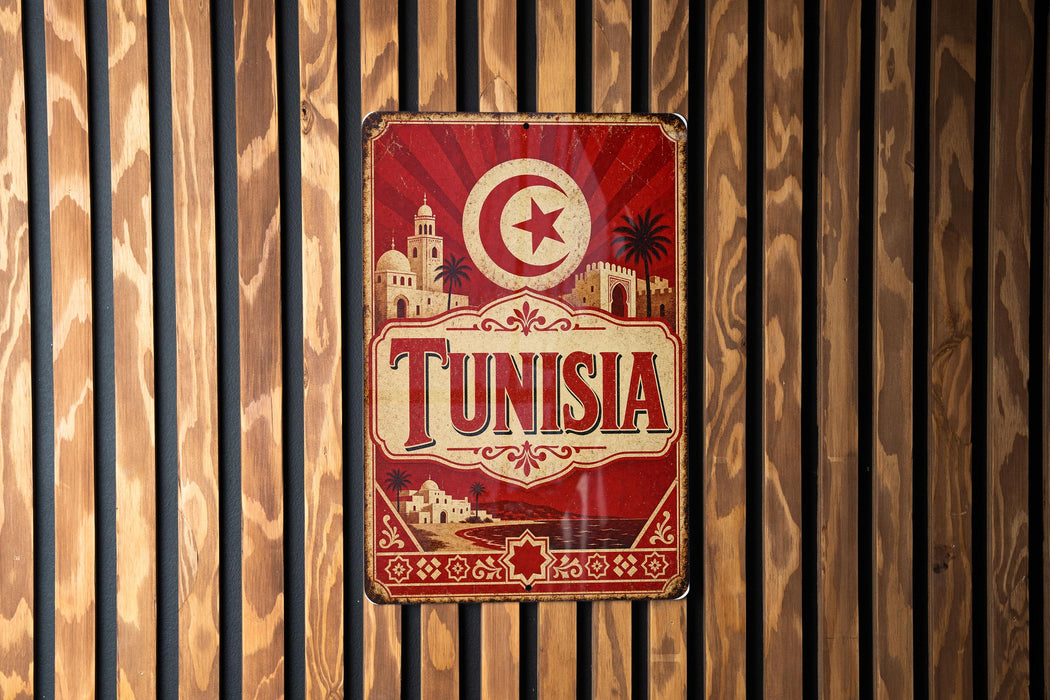 A vintage-style metal sign with the word "TUNISIA" prominently displayed, featuring a crescent moon and star symbol, and a decorative border with a desert landscape and buildings.