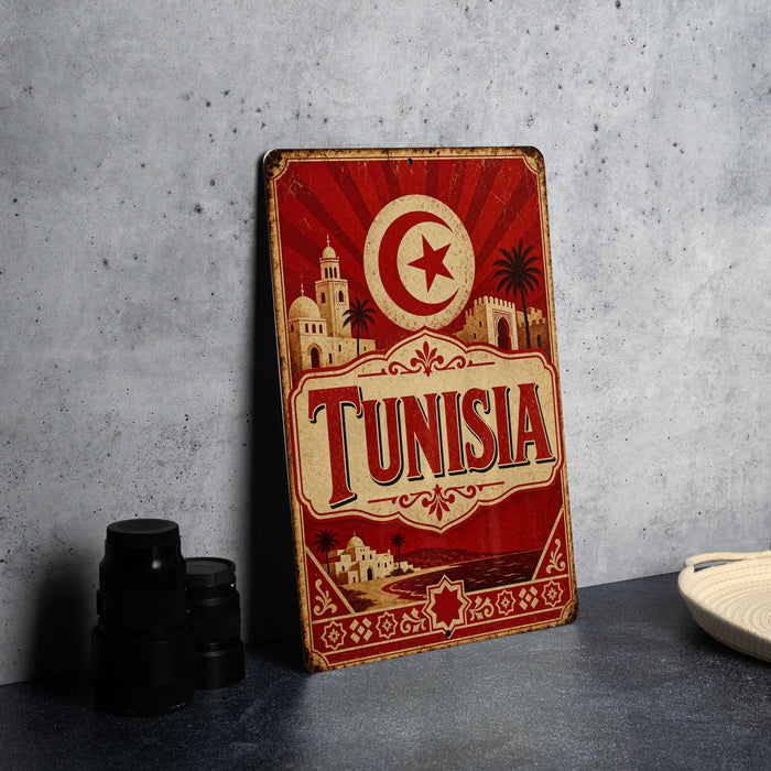 A vintage-style metal sign with the word "TUNISIA" prominently displayed, featuring a crescent moon and star symbol, along with an illustration of a desert landscape and buildings.