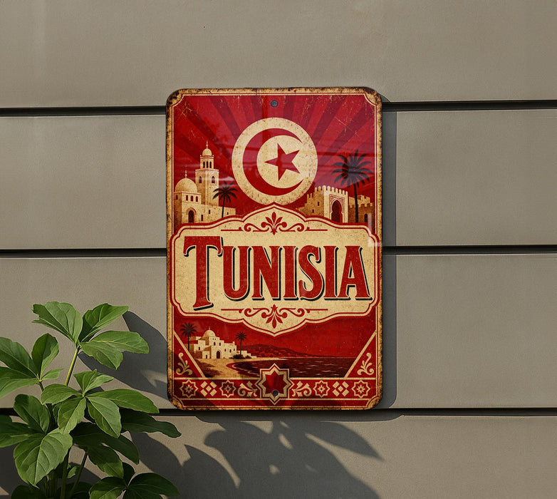 a sign with the word "TUNISIA" prominently displayed, along with a crescent moon and star symbol, indicating the country of Tunisia.