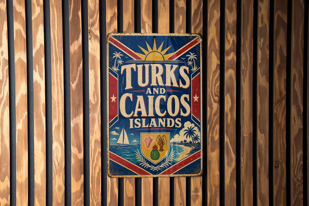 A vintage metal sign with the text "TURKS AND CAICOS ISLANDS" displayed prominently against a wooden background.