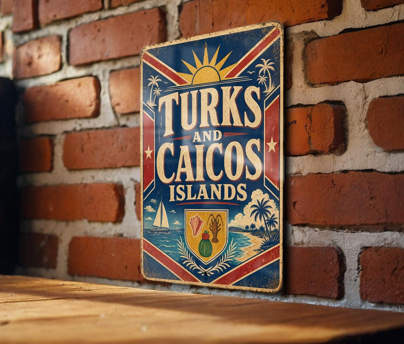 A vintage-style sign displaying the name "TURKS AND CAICOS ISLANDS" against a brick wall background.