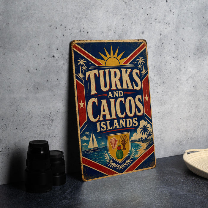 A vintage-style sign that reads "TURKS AND CAICOS ISLANDS" with various icons and symbols, including a sun, palm trees, and a ship, all set against a gray background.