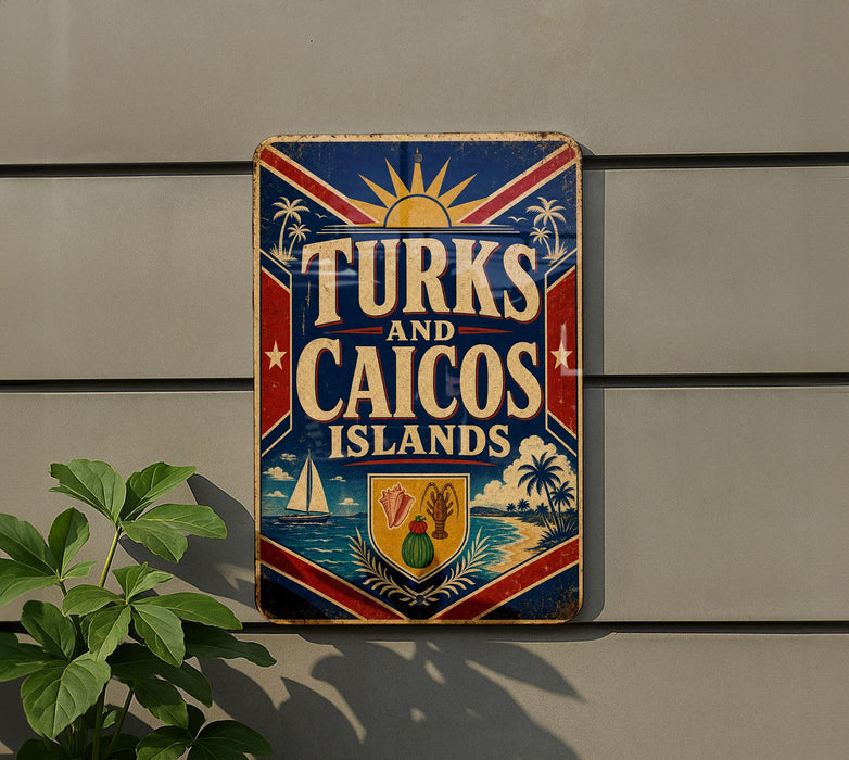 A vintage metal sign with the text "TURKS AND CAICOS ISLANDS" displayed on a wall, with a sailboat and palm trees in the background.