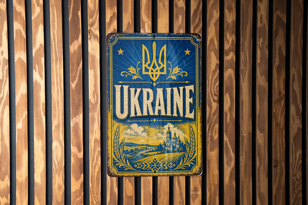 A vintage-style metal sign with the word "UKRAINE" prominently displayed, featuring a blue background with a yellow border and decorative elements.
