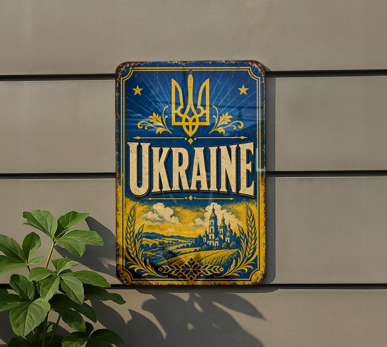 a vintage-style metal sign with the word "UKRAINE" prominently displayed, along with a decorative border and a depiction of a castle. The sign is mounted on a wall, and there is a plant visible to the left of the sign.