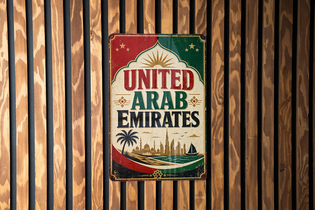A vintage-style sign that reads "UNITED ARAB EMIRATES" with a palm tree and a city skyline in the background.