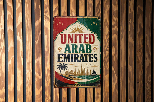A vintage-style sign that reads "UNITED ARAB EMIRATES" with a palm tree and a city skyline in the background.
