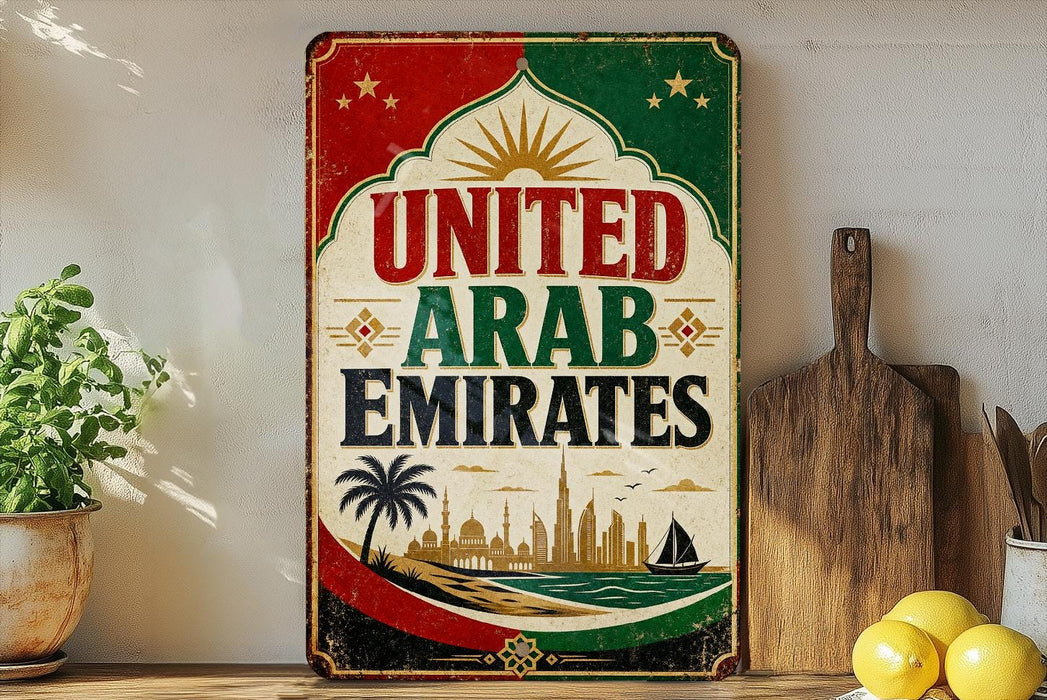 A vintage-style sign that reads "UNITED ARAB EMIRATES" with a colorful design featuring a sun, stars, and a palm tree. The sign is displayed on a shelf next to a wooden cutting board and a potted plant.