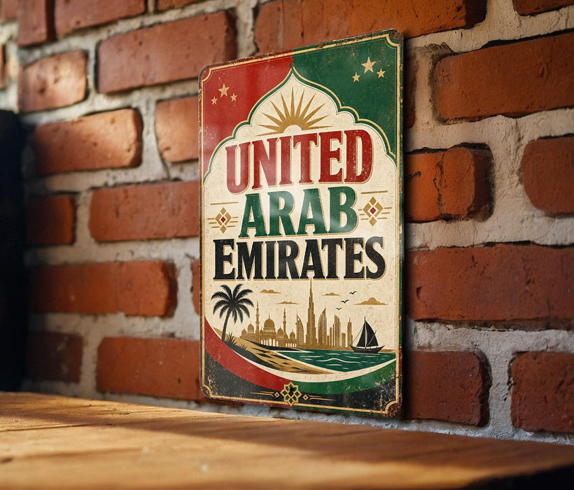 A vintage-style sign with the text "UNITED ARAB EMIRATES" displayed on a brick wall.