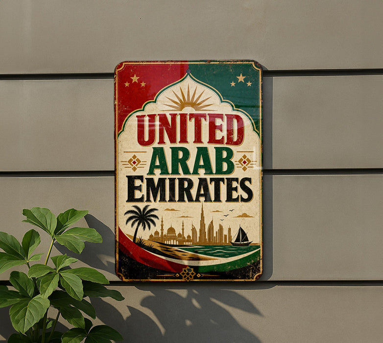 A vintage-style sign that reads "UNITED ARAB EMIRATES" with a cityscape and palm tree illustration, mounted on a wall.