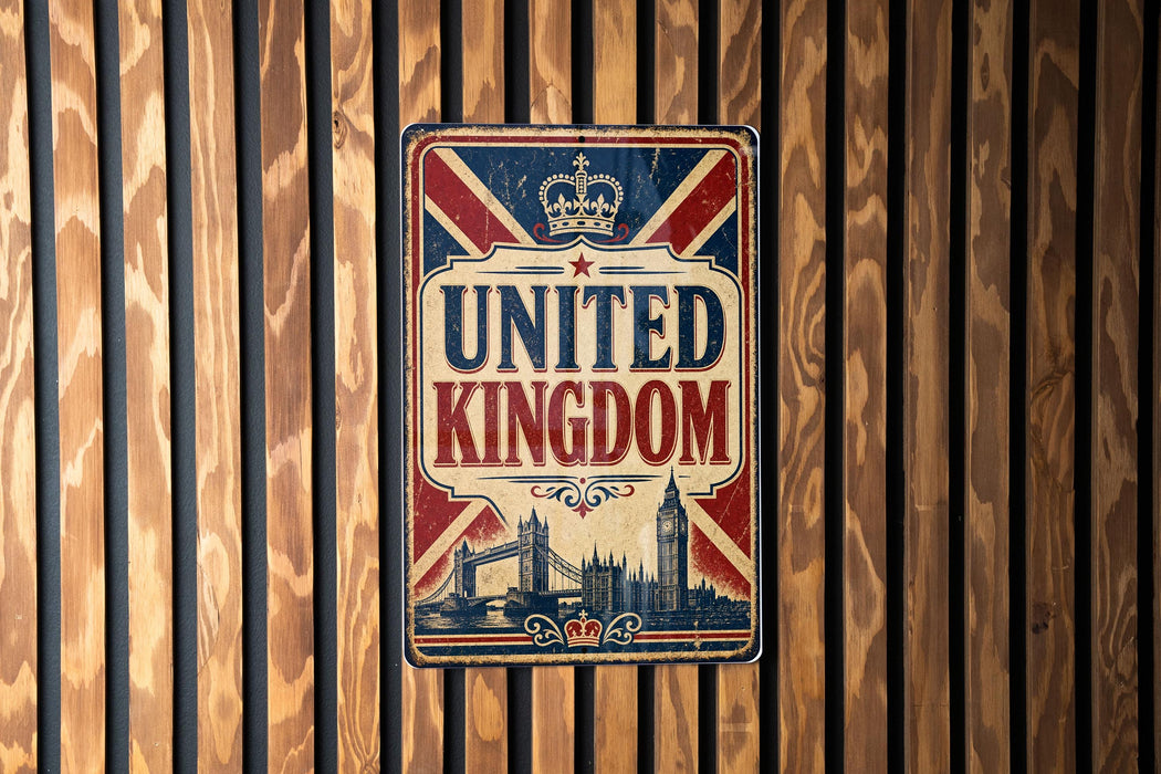 A vintage-style sign that reads "UNITED KINGDOM" is displayed against a wooden background.