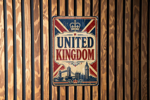 A vintage-style sign that reads "UNITED KINGDOM" is displayed against a wooden background.