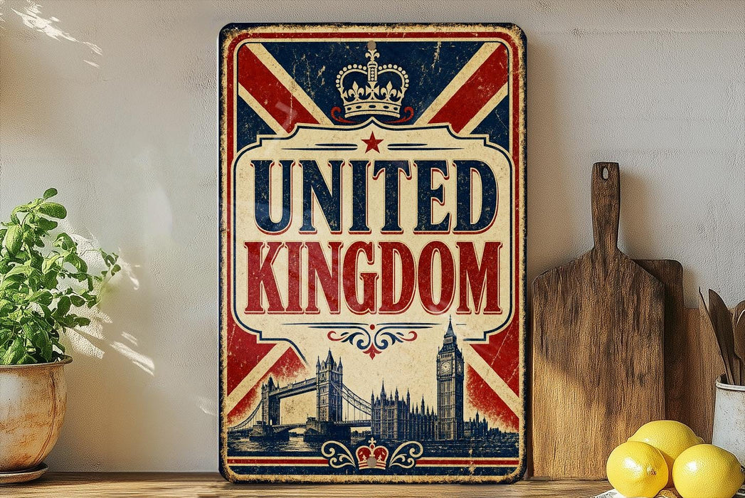 A vintage-style sign that reads "UNITED KINGDOM" with a depiction of Big Ben and the British flag in the background.
