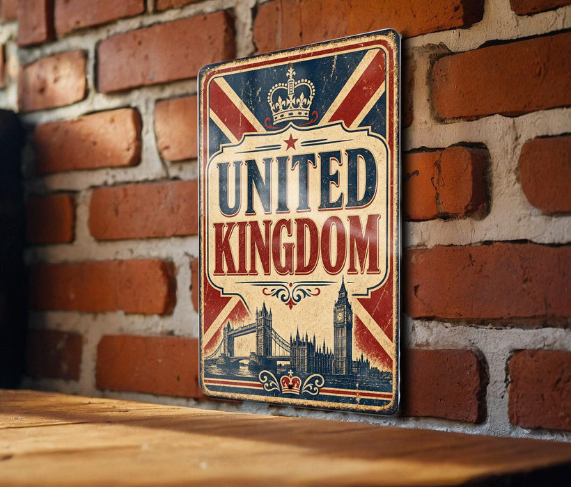 A vintage-style sign that reads "UNITED KINGDOM" is displayed on a brick wall.