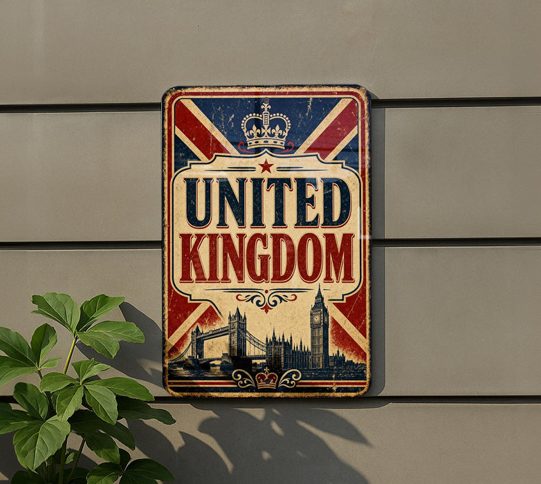 A vintage-style sign that reads "UNITED KINGDOM" with a British flag design and a depiction of London landmarks.
