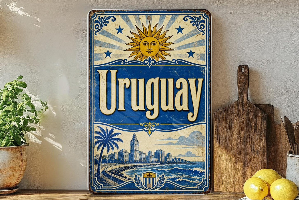 A vintage-style sign for Uruguay, featuring a sun and palm trees, is displayed on a shelf next to a wooden cutting board and some lemons.