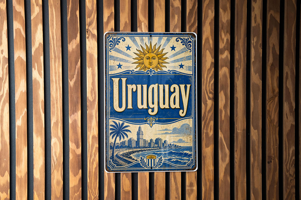 A vintage-style metal sign with the word "Uruguay" prominently displayed, featuring a sun and palm trees, against a wooden background.