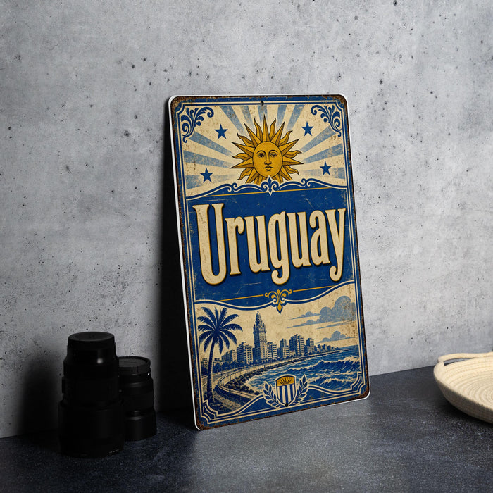A vintage-style metal sign with the word "Uruguay" prominently displayed, featuring a sun and palm trees, is leaning against a concrete wall.