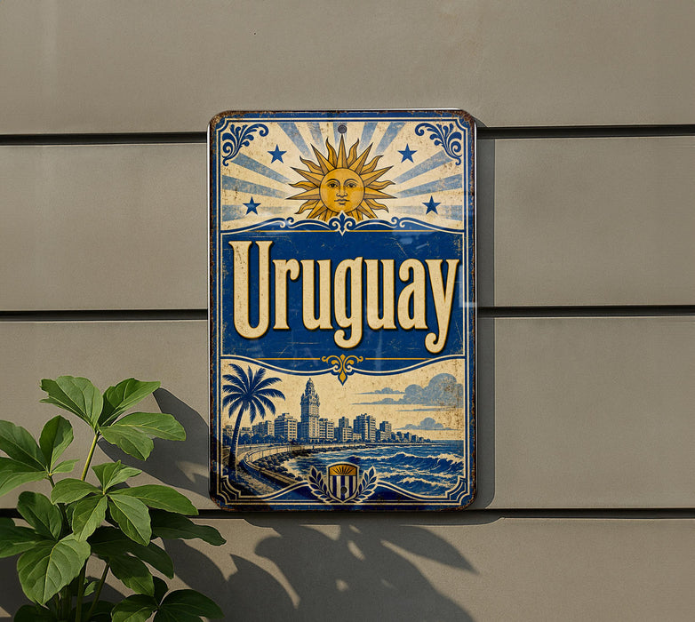 a vintage-style metal sign with the word "Uruguay" prominently displayed, along with a sun and palm tree illustration. The sign is mounted on a wall, and there is a plant visible to the left of the sign.