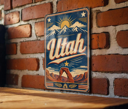 A vintage-style metal sign with the word "Utah" prominently displayed, featuring a mountain landscape and sun-like symbols.