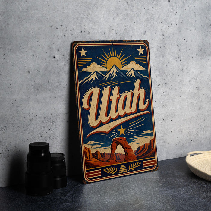 A vintage metal sign with the word "Utah" prominently displayed, featuring a desert landscape with mountains, a sun, and a star.