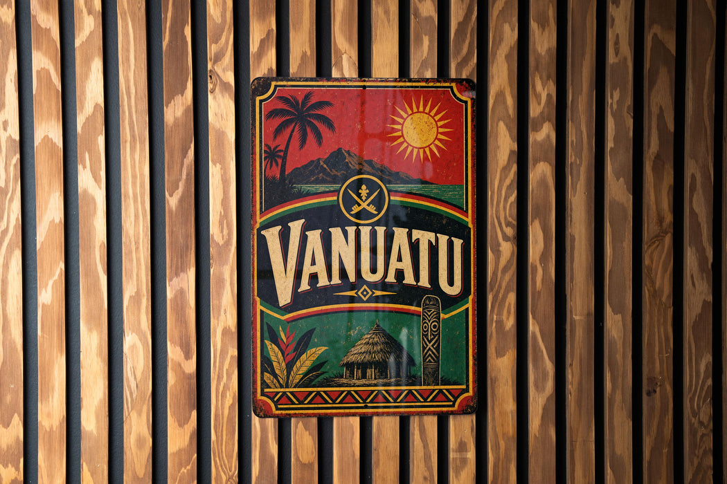 A vintage metal sign with the word "VANUATU" prominently displayed, featuring a tropical landscape with palm trees, mountains, and a sun.