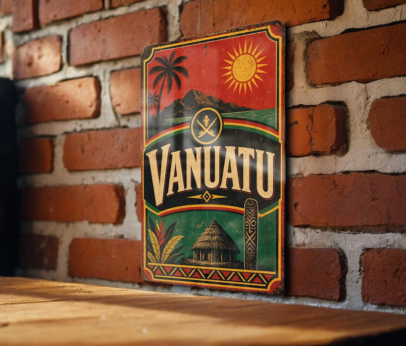 A vintage metal sign with the word "VANUATU" prominently displayed, featuring a tropical landscape with palm trees, mountains, and a sun.