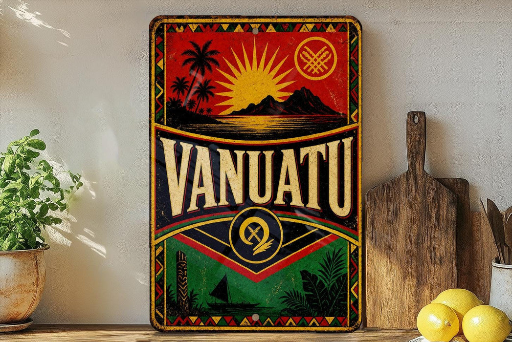 a vintage-style sign with the word "VANUATU" prominently displayed, surrounded by tropical imagery and symbols.