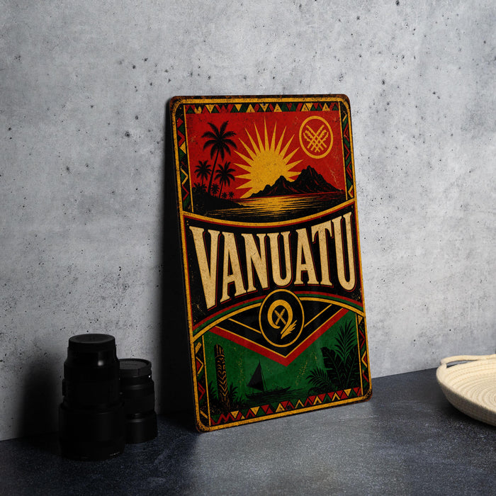 A vintage-style metal sign with the word "VANUATU" prominently displayed, featuring a tropical landscape with palm trees and a sun.