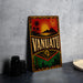 A vintage-style metal sign with the word "VANUATU" prominently displayed, featuring a tropical landscape with palm trees and a sun.