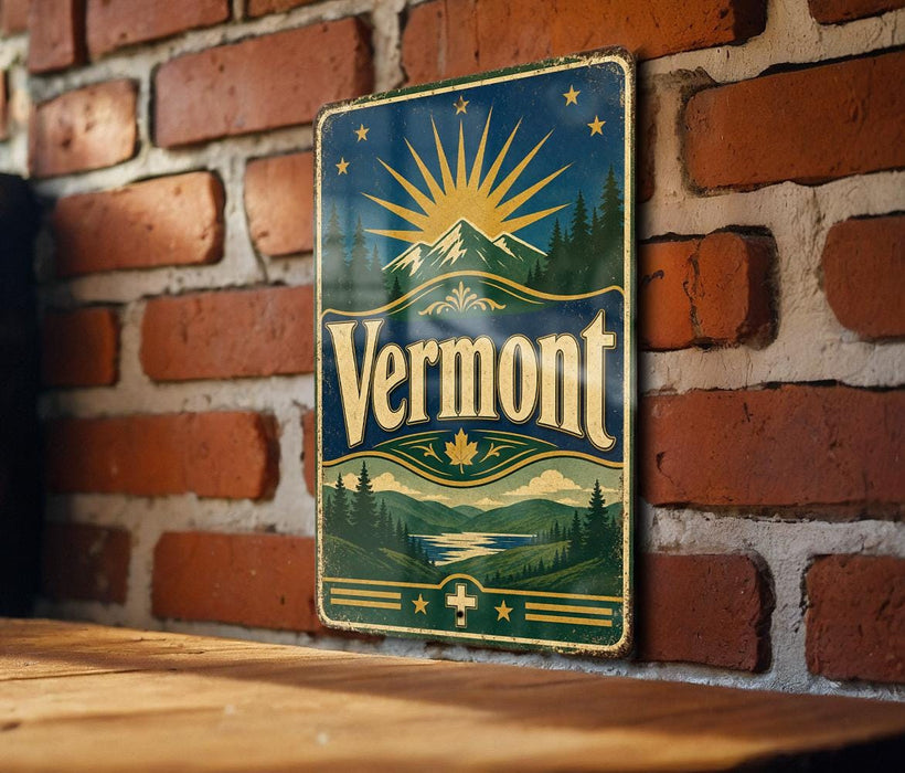 A vintage-style metal sign with the word "Vermont" prominently displayed, featuring a sun and mountain landscape design.