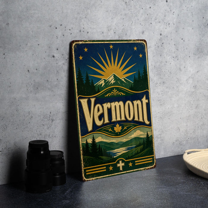 A vintage-style metal sign with the word "Vermont" prominently displayed, featuring a sunburst design and a mountain landscape.