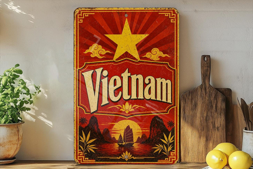 a vintage-style sign with the word "Vietnam" prominently displayed, along with a sun and clouds design. The sign is placed on a shelf next to a wooden cutting board and a potted plant.