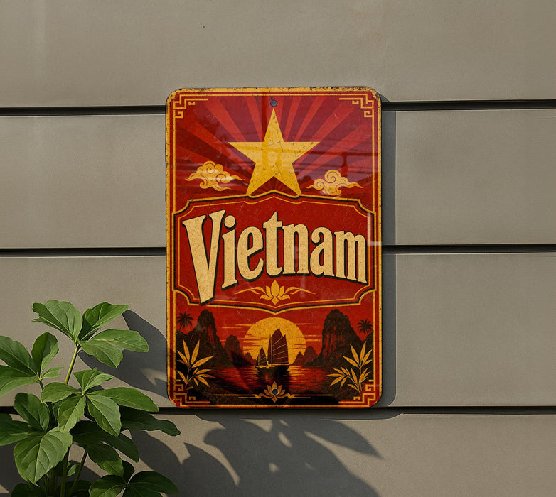a vintage-style sign with the word "Vietnam" prominently displayed, along with a sun and clouds design, indicating a tropical or exotic location.
