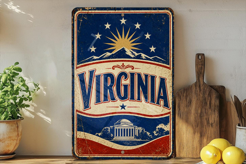 a vintage-style sign with the word "VIRGINIA" prominently displayed, along with a sun and mountain motif. The sign is placed on a shelf next to a wooden cutting board and a potted plant, creating a patriotic and homey atmosphere.