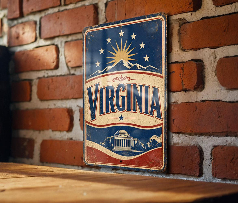 A vintage-style metal sign with the word "VIRGINIA" prominently displayed, featuring a sun and mountain motif. The sign is mounted on a brick wall, and there is a wooden table below it.