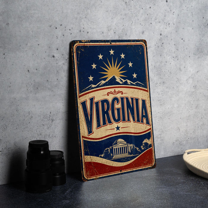 A vintage-style metal sign with the word "VIRGINIA" prominently displayed, featuring a sun and stars design, along with a building illustration. The sign is placed on a gray surface, and there are some black camera lenses visible in the background.