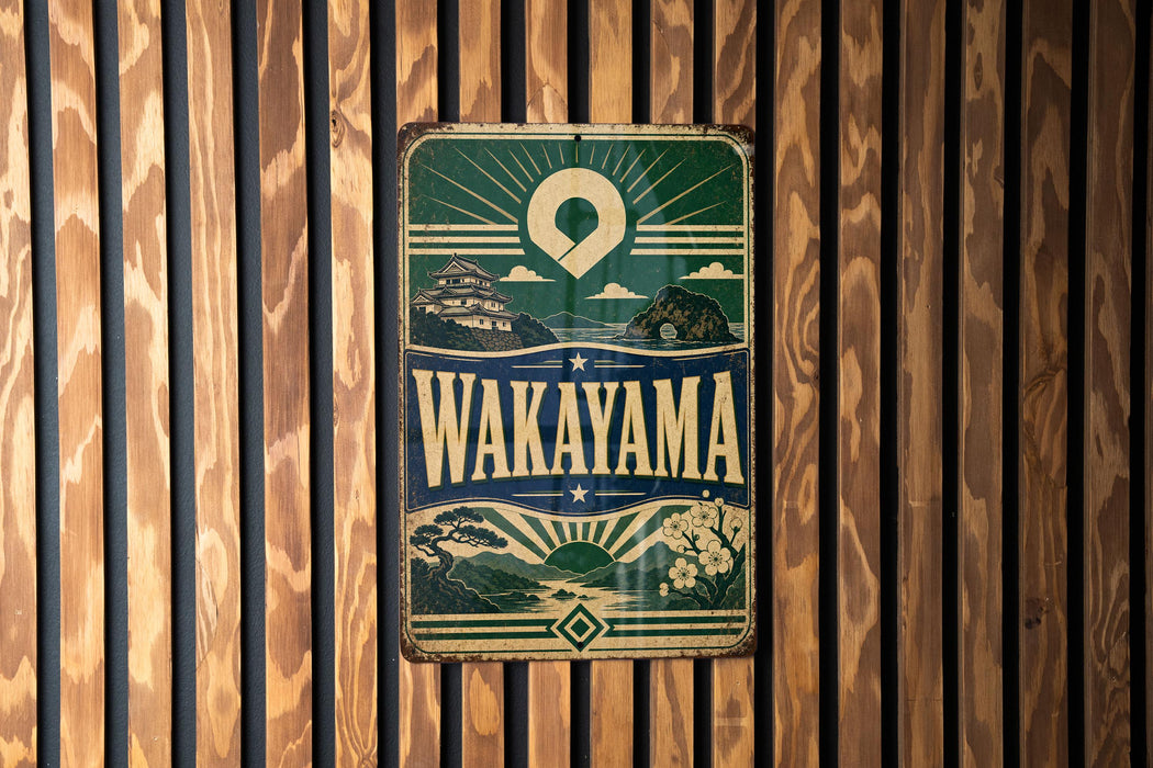 A vintage metal sign with the text "Wakayama" displayed prominently, mounted on a wooden wall.