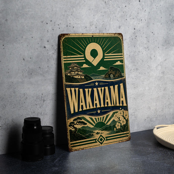 A vintage metal sign with the text "Wakayama" and an illustration of a Japanese temple, mountains, and a sunburst design, placed on a gray countertop next to some black camera lenses.