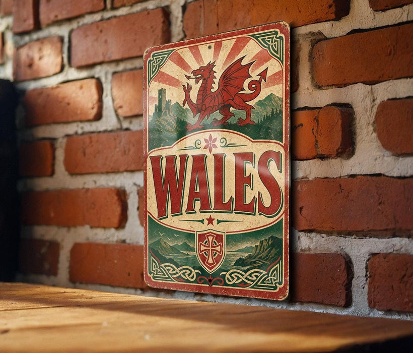 A vintage metal sign with a red dragon and the word "Wales" displayed on a brick wall.