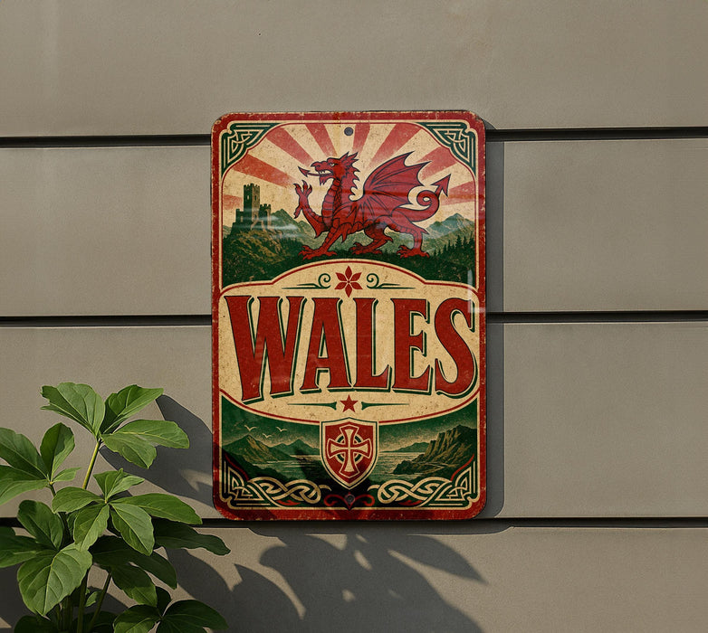 A vintage-style metal sign with a red dragon and the word "Wales" prominently displayed, mounted on a wall.